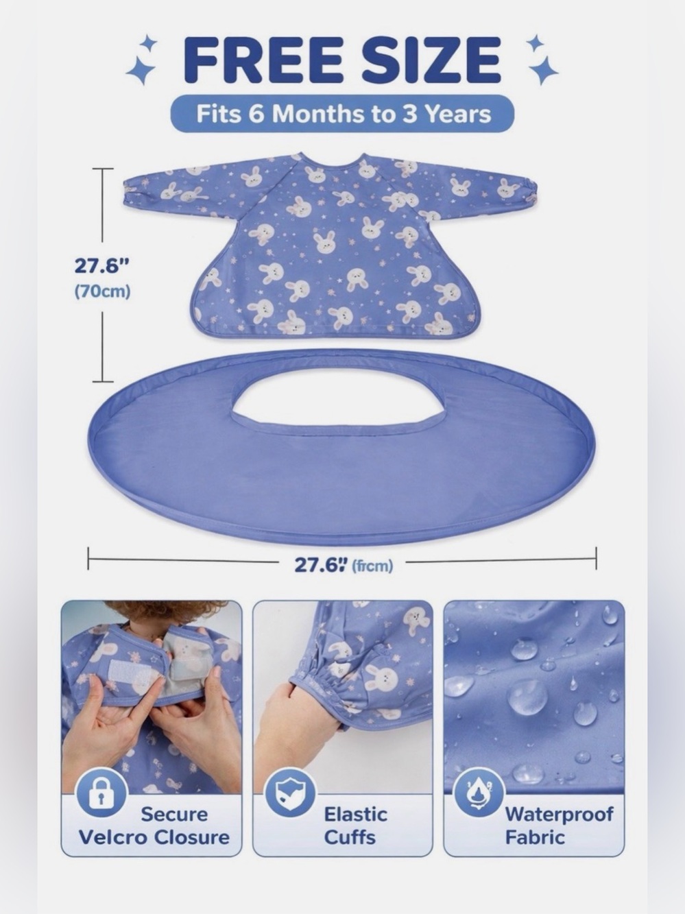 Waterproof Blue Baby Bib Smock with Sleeves - Free Size (6 Months - 3 Years)